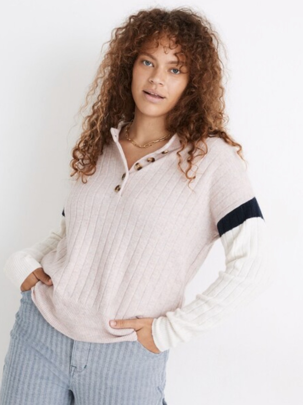 Madewell Striped Bowden Henley Wool Blend Sweater In Coziest Yarn NEW NWT